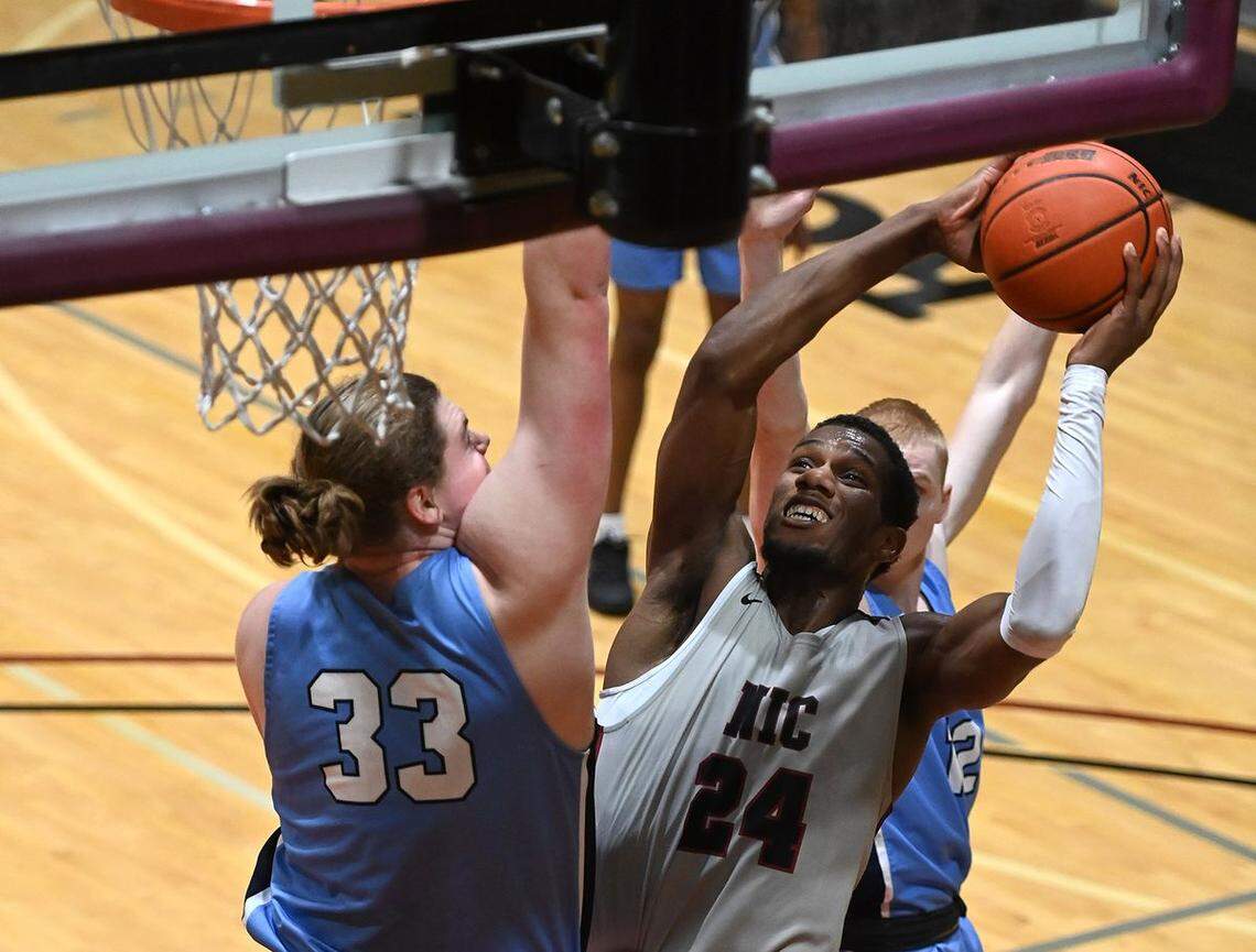 Delveion Jackson fights his way to the basket with North Idaho College in April. The Centennial High grad and Canisius College guard/forward is the first Idaho athlete to sign a name, image and likeness deal. He will endorse a new Boise restaurant, Amina’s African Sambusas.