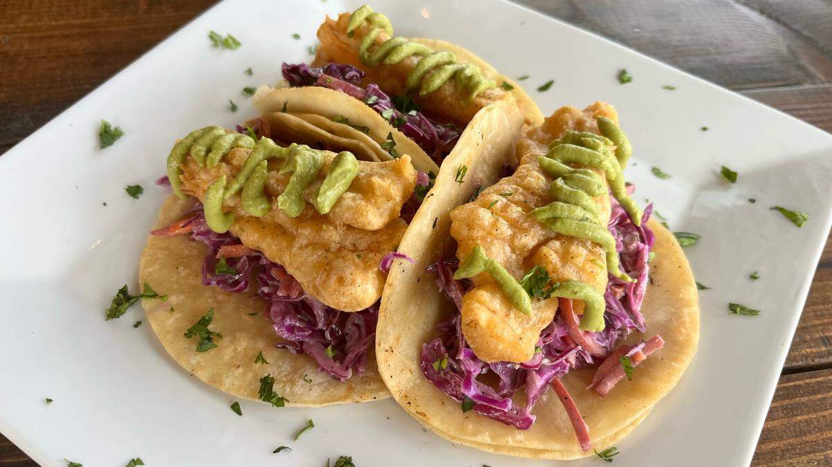 Heart of palm “phish” tacos, pictured, can be ordered in the Tres Tacos entree ($16), which also offers mushroom-based options: lion’s mane “chicken” or portobello “steak.”