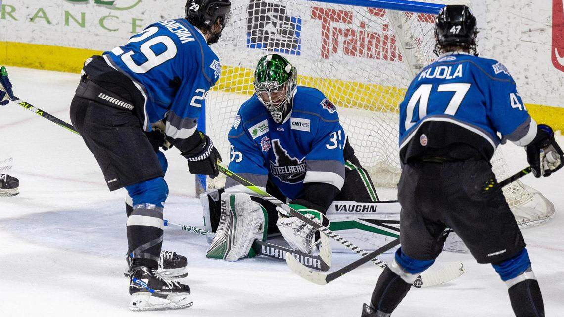 Idaho Steelheads goalie Adam Scheel makes a save during Game 1 against the Florida Everblades on Saturday in the Kelly Cup Finals at Idaho Central Arena.