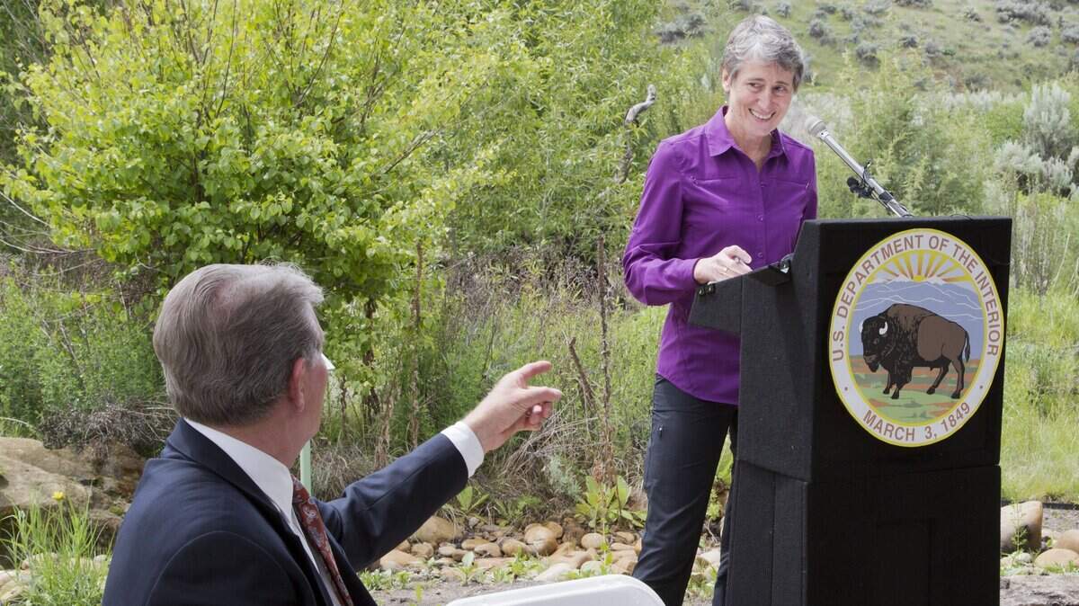 U.S. Secretary of the Interior Sally Jewell and Idaho Governor Butch Otter join together at a news conference Tuesday May 19, 2015 to announce a collaborative strategy to deal with intense wildfires. Secretary Jewell said the collaborative effort would help protect vital sagebrush landscapes and productive rangelands in the Great Basin region of Idaho, Utah, Nevada, Oregon and California.