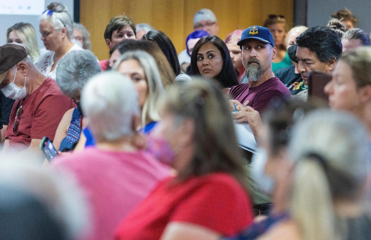A crowd of over 100 people attend the Meridian Library District’s board of trustees monthly meeting on Aug. 17. Some spoke about books containing nudity or depictions of sex that are available to children.
