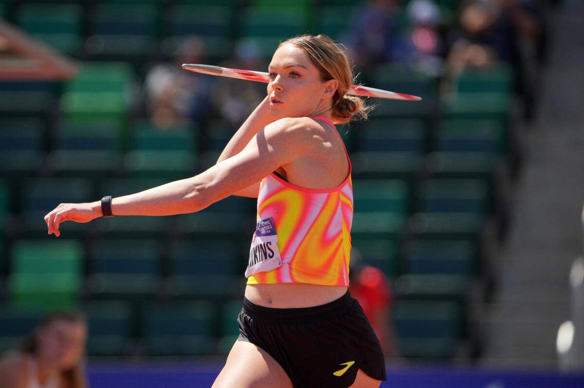 Jun 24, 2024; Eugene, OR, USA; Chari Hawkins throws 161-8 (49.28m) in the heptathlon javelin during the US Olympic Team Trials at Hayward Field. Mandatory Credit: Kirby Lee-USA TODAY Sports