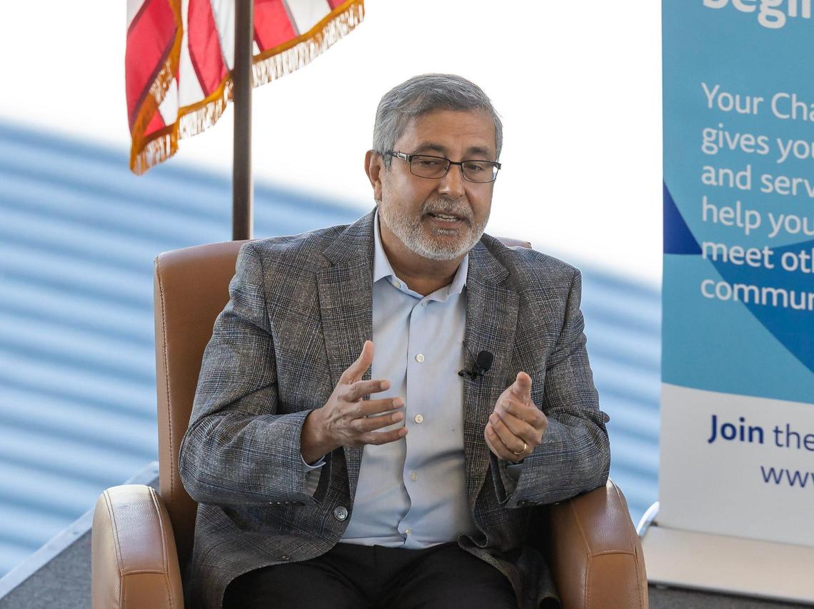 Sanjay Mehrotra, CEO and President of Micron Technology, talks during the Boise Metro Chamber’s CEO Speaker Series event held Wednesday, Oct. 4, 2023, at the Stueckle Sky Center at Boise State University.