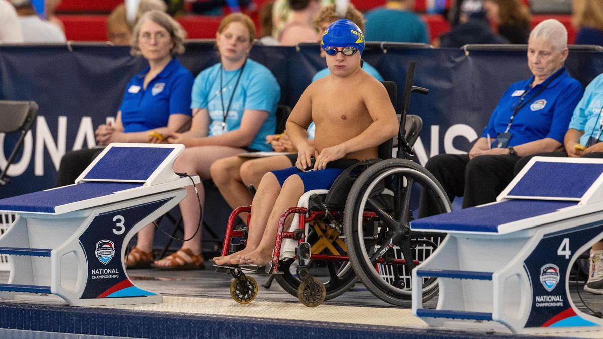 Gabriel Delgado gets ready for the men’s 400-meter freestyle during the 2025 U.S. Paralympics Swimming National Championships on Friday in Boise.