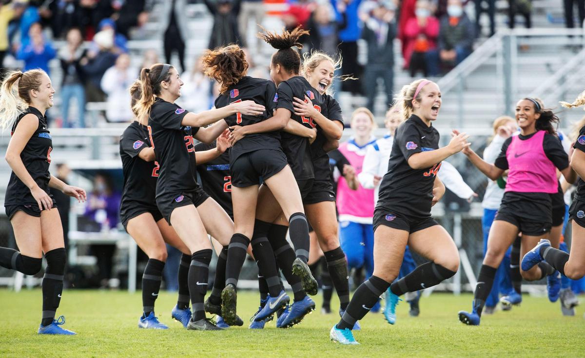 The Boise State women’s soccer team celebrates their shootout win over Fresno State in the Mountain West Tournament semifinals Thursday at Boas Soccer Complex.