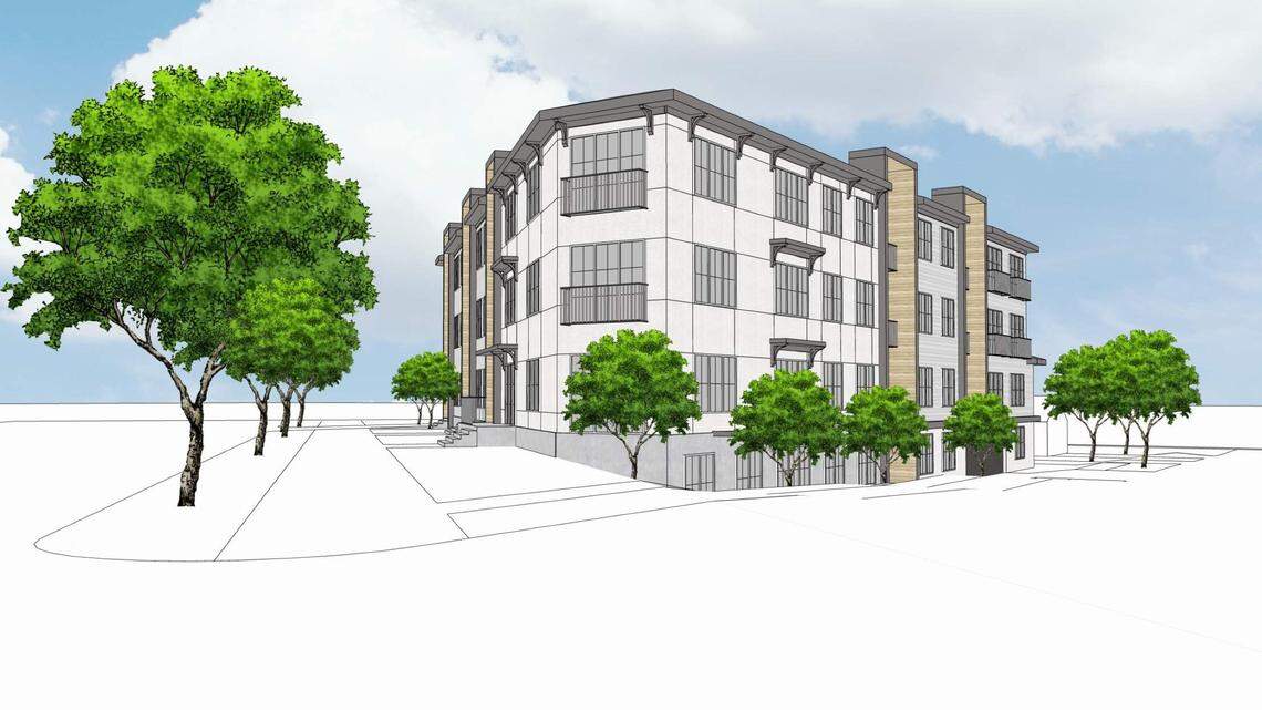 This northwest-facing rendering shows the proposed building at 1508 W. Boise Ave., with Boise Avenue at left and Vermont Avenue at right.