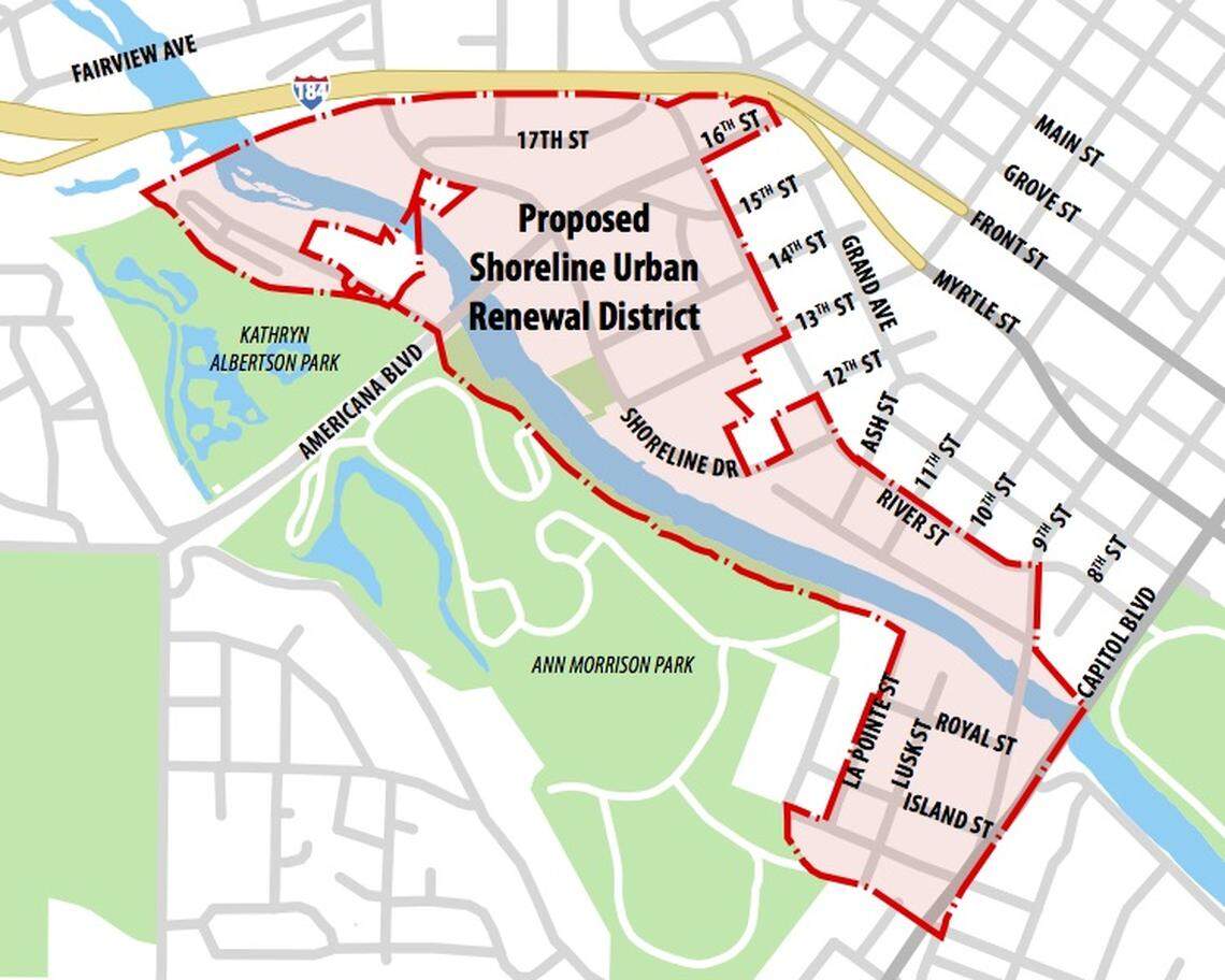 The proposed Shoreline Urban Renewal District along the Boise River is shaped like a map of Italy, Boise Mayor David Bieter says.