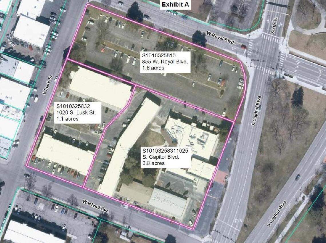 This map shows the parcels owned by the city of Boise and Boise State University just west of Capitol Boulevard, south of the Boise River and near Ann Morrison Park. The two entities want to redevelop the land at 855 W. Royal Blvd., 1025 S. Capitol Blvd. and 1028 S. Lusk St.