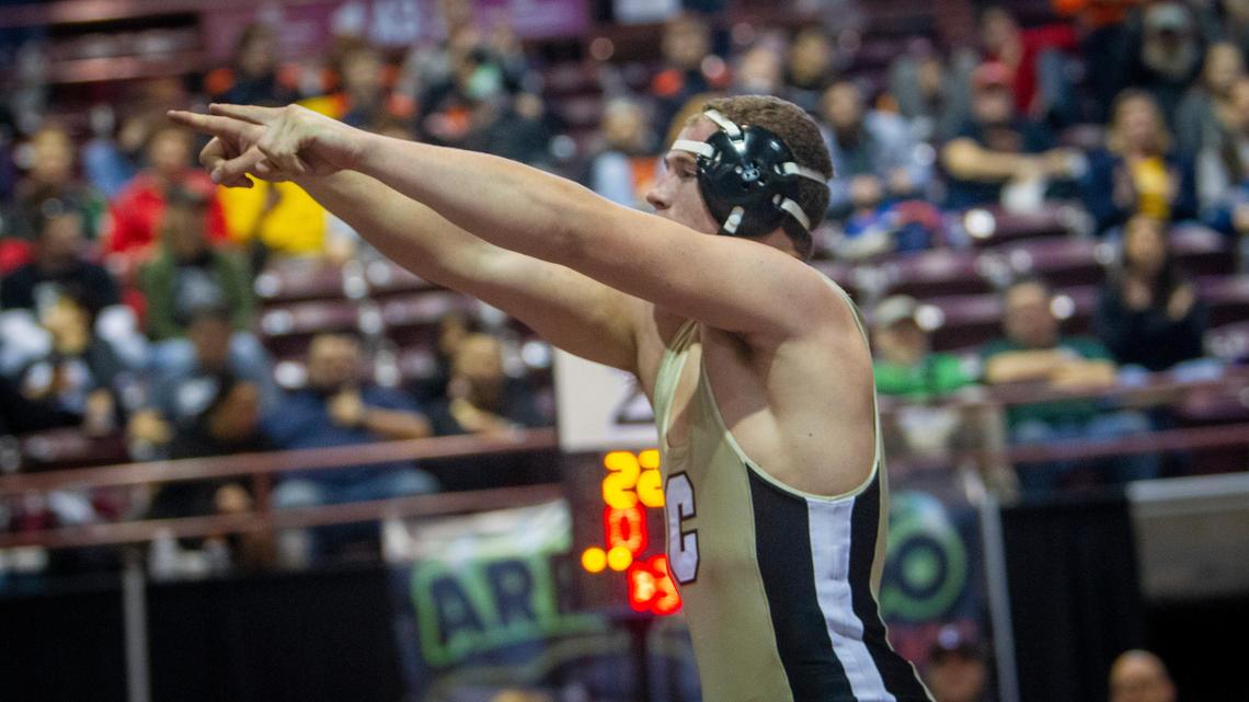 Capital’s Charley Hastriter beat American Falls’ Wyatt Kearn to take the 220-pound boys championship at the Rollie Lane Wrestling Tournament on Saturday, Jan. 4, 2020.