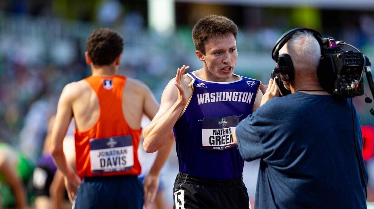 Borah High grad Nathan Green celebrates after winning the U-20 men’s 1,500 meters at the USA Track & Field Outdoor Championships last summer in Eugene, Oregon. He’s the top seed in the 1,500 at the NCAA national championships this week.