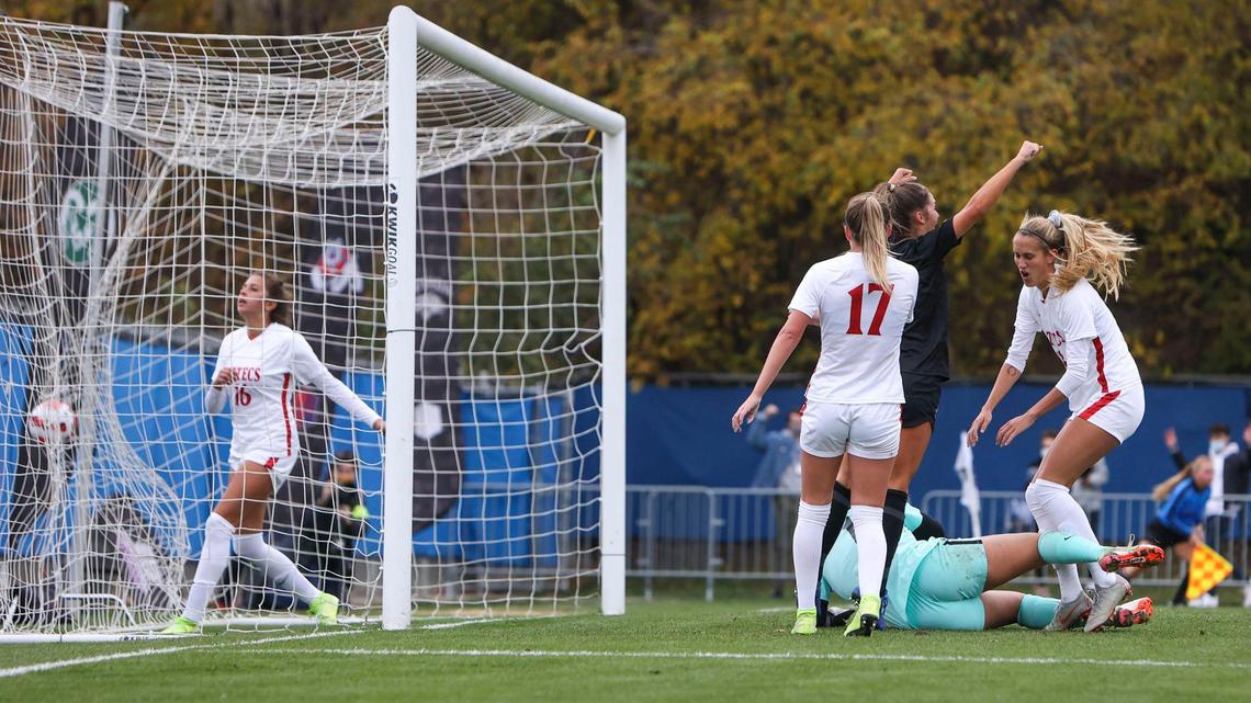 Boise State sophomore Morgan Miles celebrates a goal against San Diego State in the Mountain West women’s soccer tournament quarterfinals Monday at the Boas Soccer Complex in Boise.