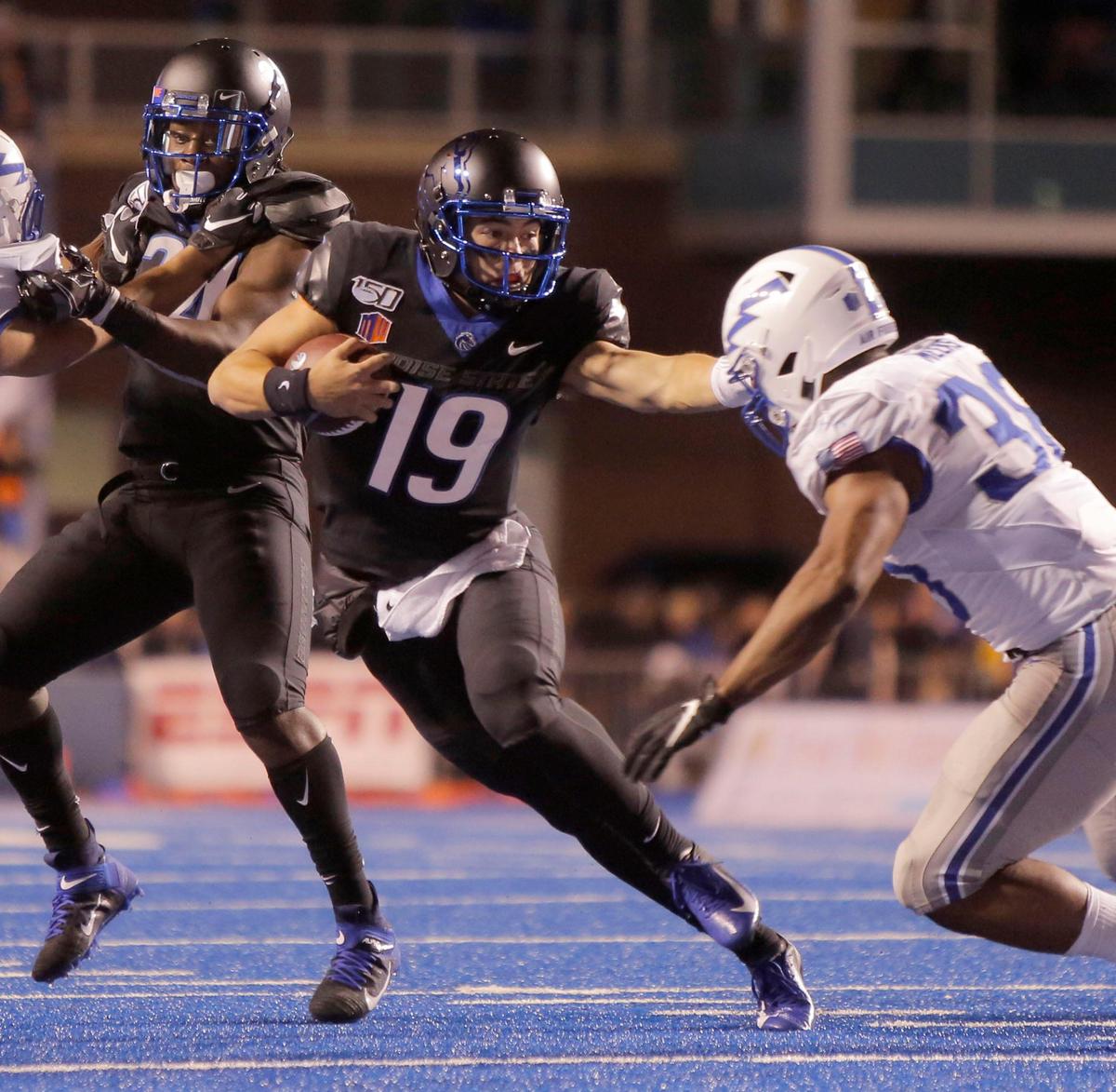 Boise State quarterback Hank Bachmeier (19) runs against the Air Force defense at Albertsons Stadium on Friday Sept. 20th, 2019.