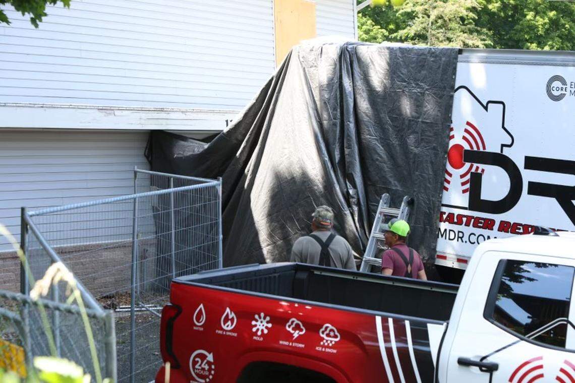 Crews last week began work to demolish the off-campus King Road home where four University of Idaho students were killed in November 2022, in Moscow, Idaho, as pictured here on June 28, 2023.