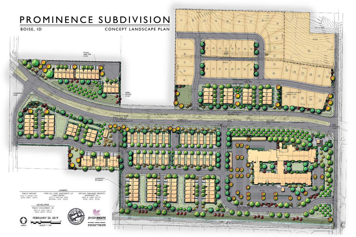 A drawing of the revised Prominence subdivision plan. The new plan proposes 287 townhouses, single-family homes and apartments, compared with 307 a year ago.