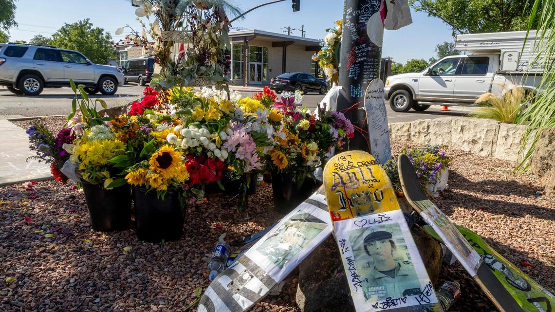 One week later, a growing memorial for Jadin Zurawski, 16, who was killed crossing a crosswalk at Washington and N.16th streets in Boise. Zurawski was riding his skateboard in the crosswalk at 16th Street on his way to Boise High School orientation Thursday, Aug. 3, 2023.