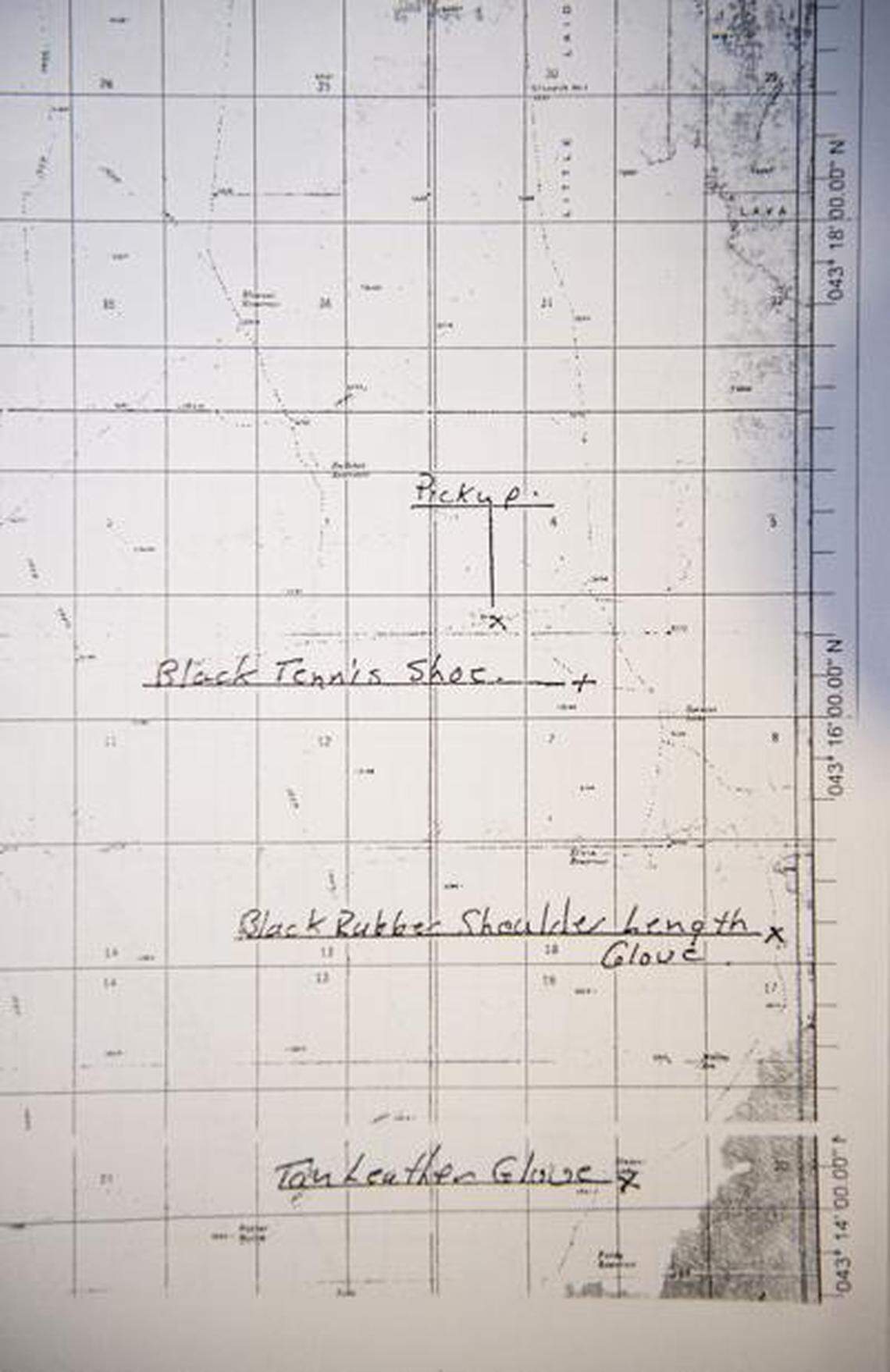 A map shows where Richard Bendele’s truck was found, along with some other items.