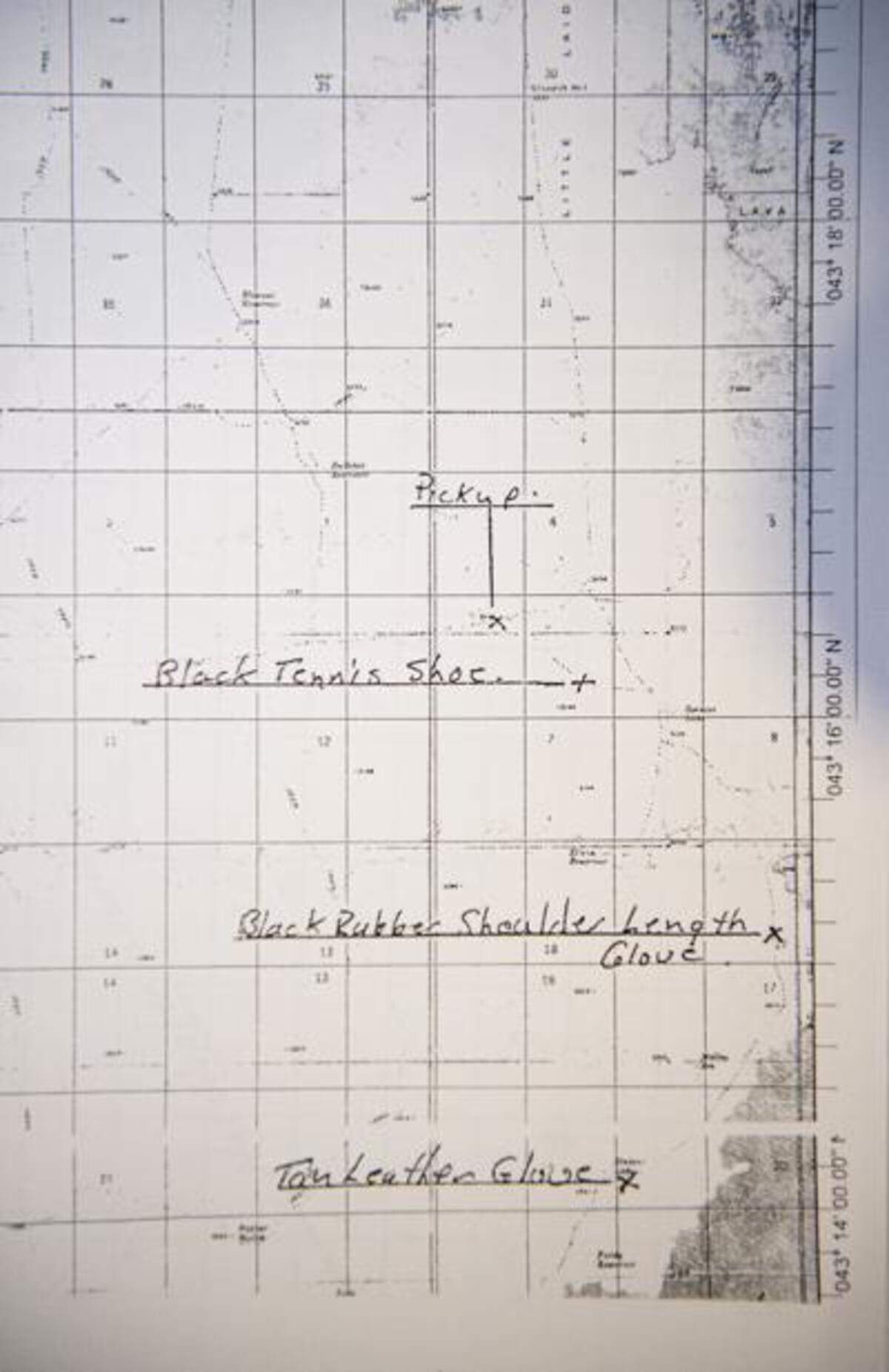 A map shows where Richard Bendele’s truck was found, along with some other items.