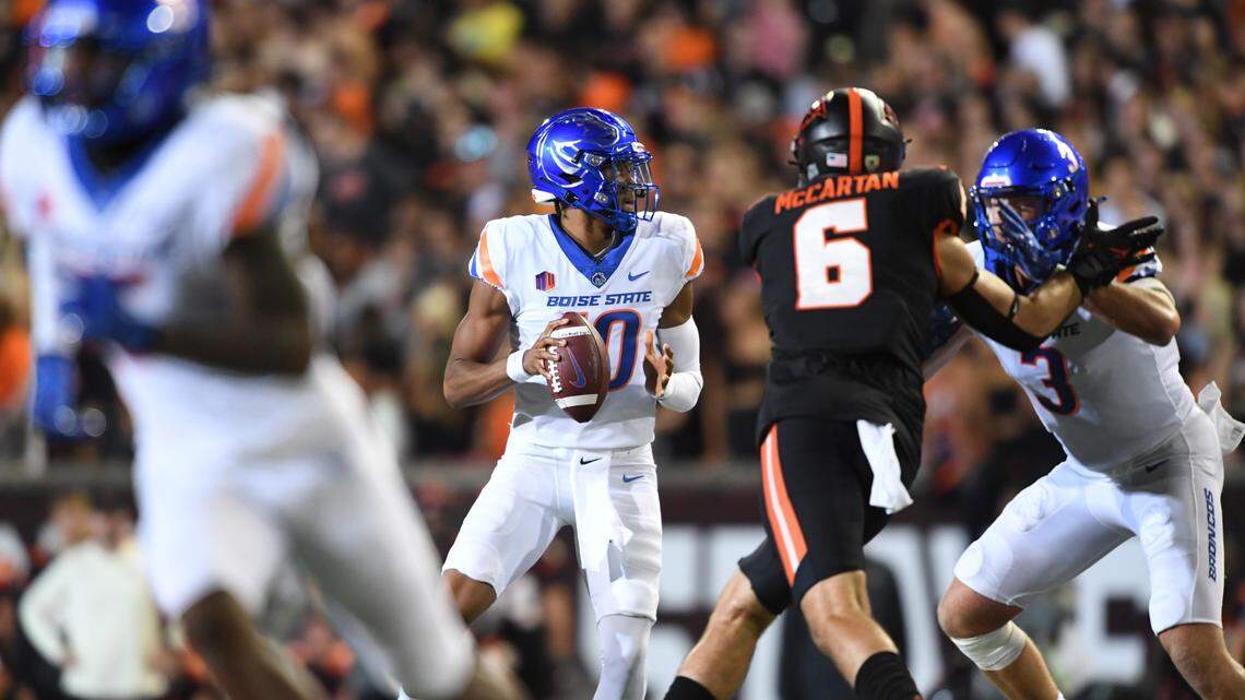 Boise State quarterback Taylen Green looks downfield for a receiver in the first half of the Broncos’ loss to Oregon State in the 2022 season opener. Boise State is scheduled to host the Beavers in 2024.