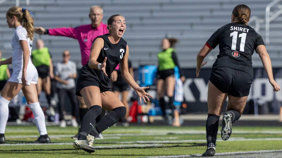 Boise senior Emerson Shirey celebrates a goal with teammate Lucy Hopstad (3) against Highland in the 6A girl's soccer state tournament at Rocky Mountain High School in Meridian, Thursday, Oct. 23, 2025.