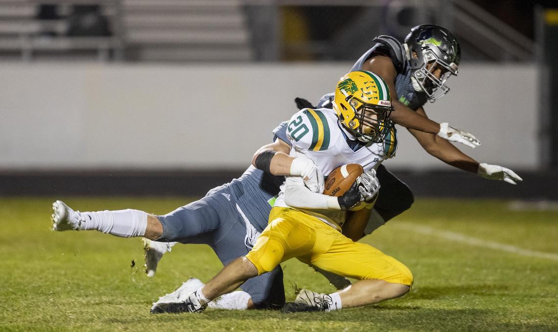 Borah wide receiver Isaac Niederer hauls in a touchdown catch in front of Mountain View’s Chase Norton and Bronx Barrus on Friday.