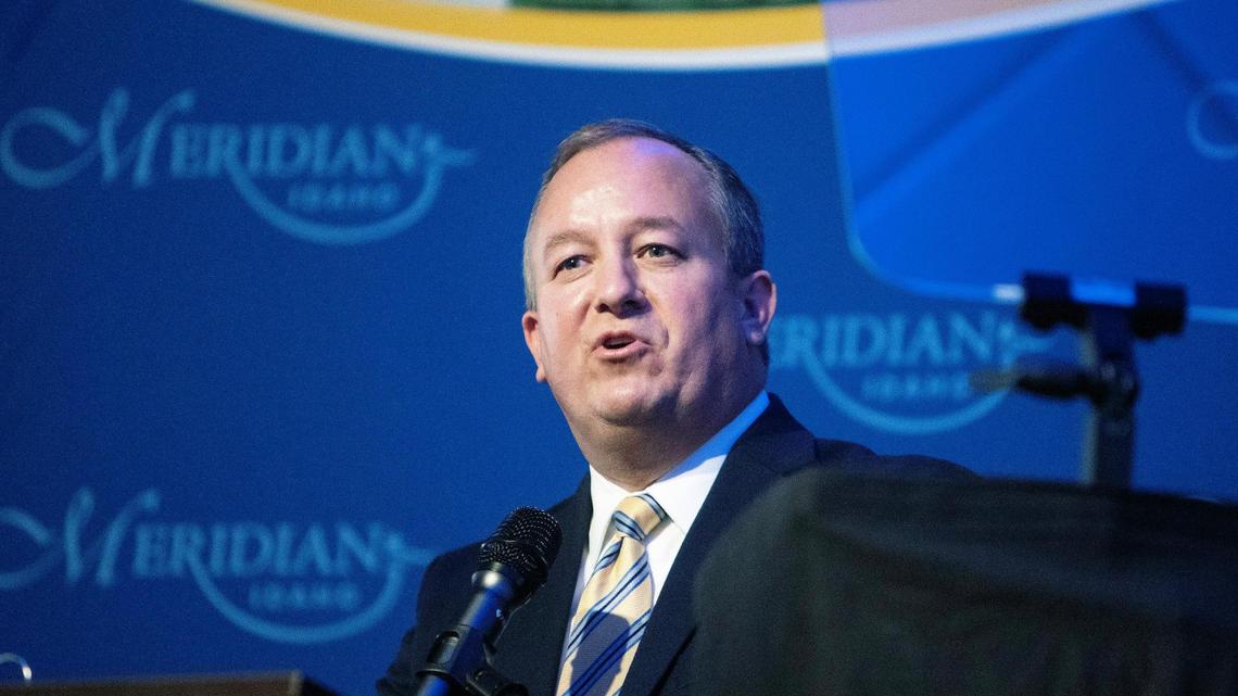 Meridian Mayor Robert E. Simison speaks during the State of the City Address held at the Galaxy Event Center in 2021. He spoke at the same location for his 2022 speech.