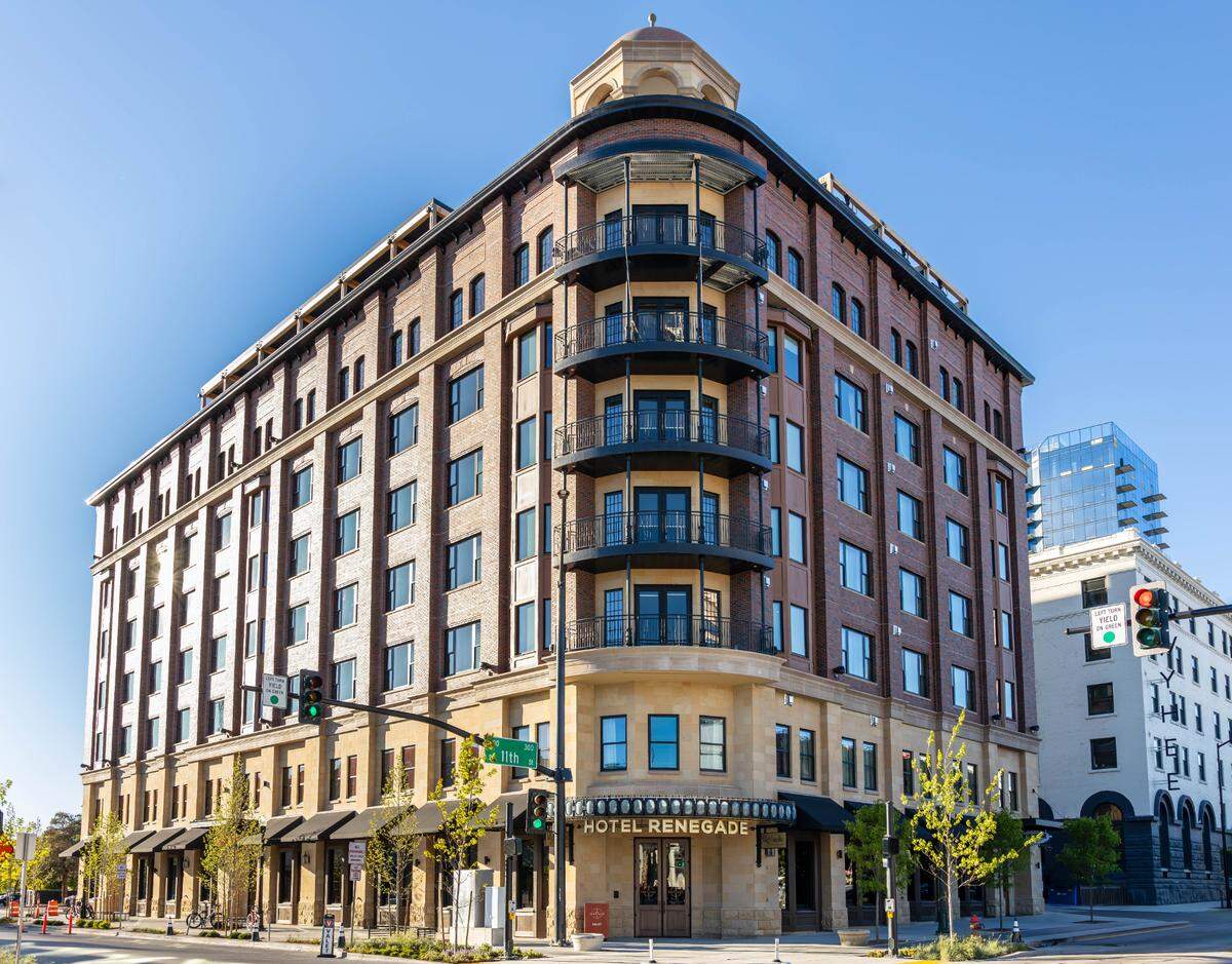 The eight-story Hotel Renegade features a gazebo on the roof of its southeastern corner.