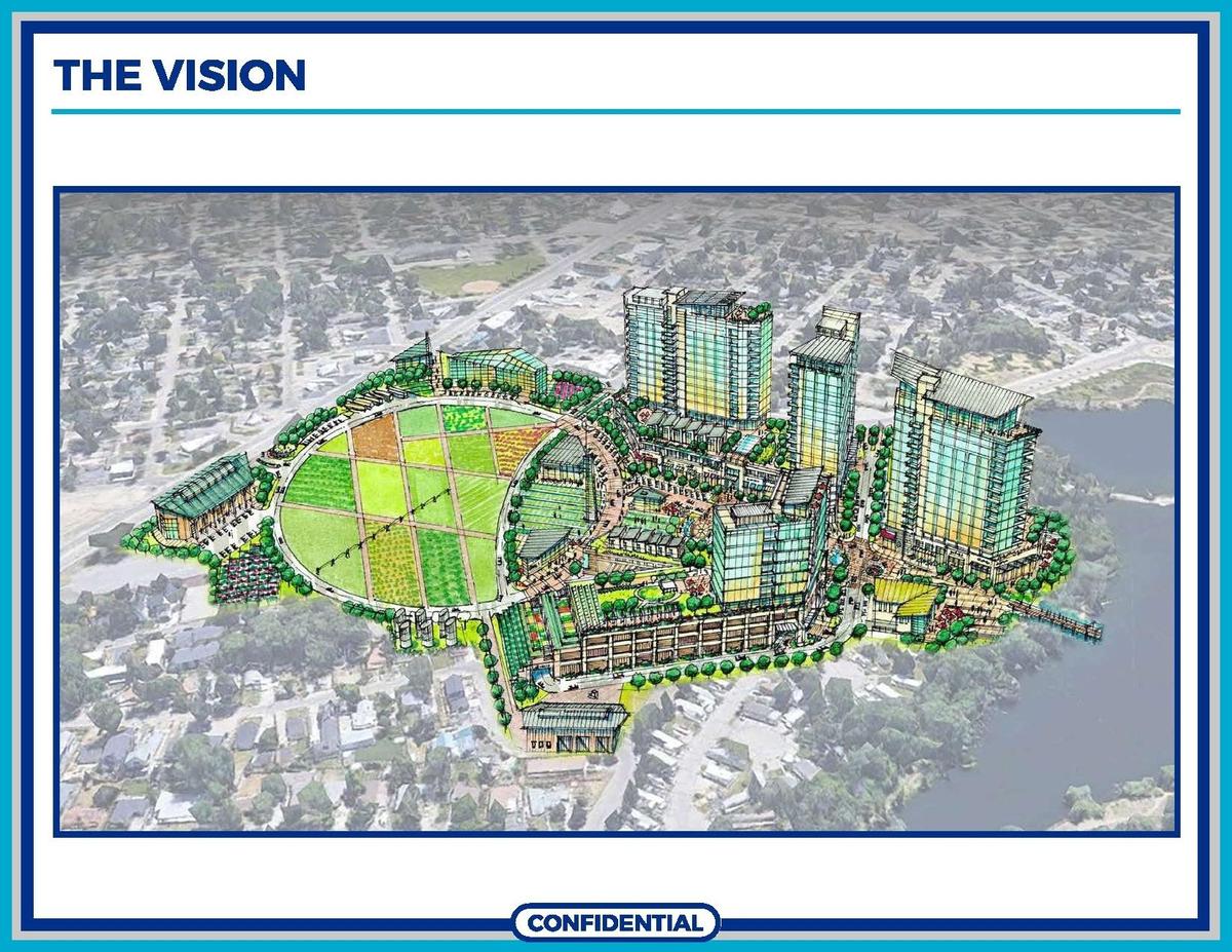 This site-design sketch submitted by Ball Ventures Ahlquist and Alscott Real Estate includes buildings that appear to be at least a dozen stories tall next to Esther Simplot Pond and North Whitewater Park Boulevard.