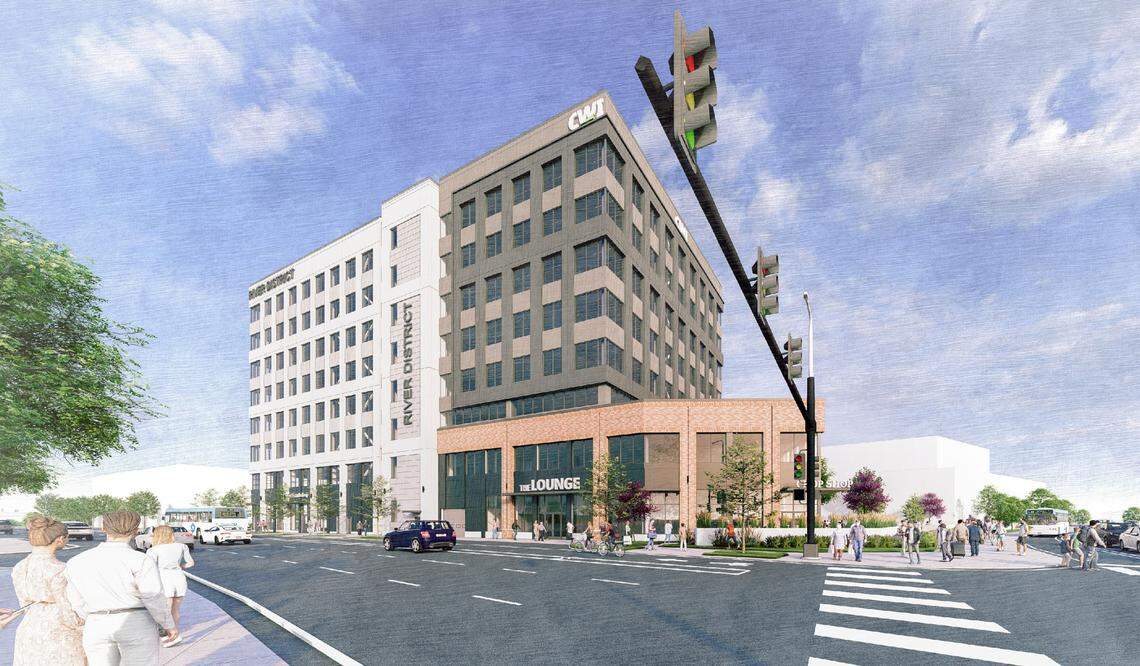 Most recent plans for the College of Western Idaho’s Boise campus from Ball Ventures Ahlquist, ESI Construction and Hummel Architects show a main eight-story main building for the college along with retail and dining options.