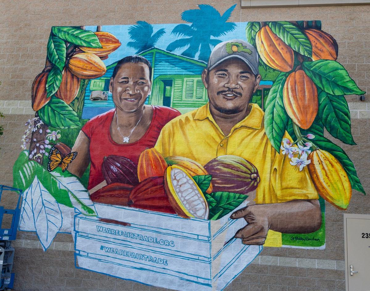 The mural, seen here from E River Valley St, seeks to bring attention to fair trade products and safe working conditions for farmers.