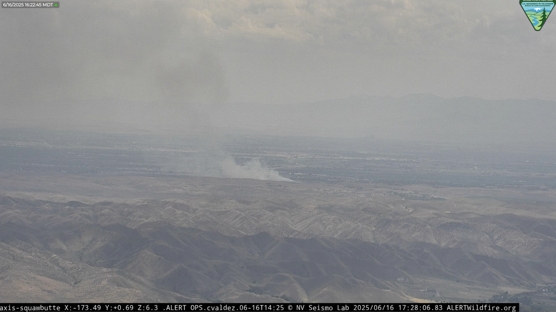 A still from a Bureau of Land Management webcam shows a column of smoke rising from a brush fire near Idaho 16 and Beacon Light Road on June 16, 2025.