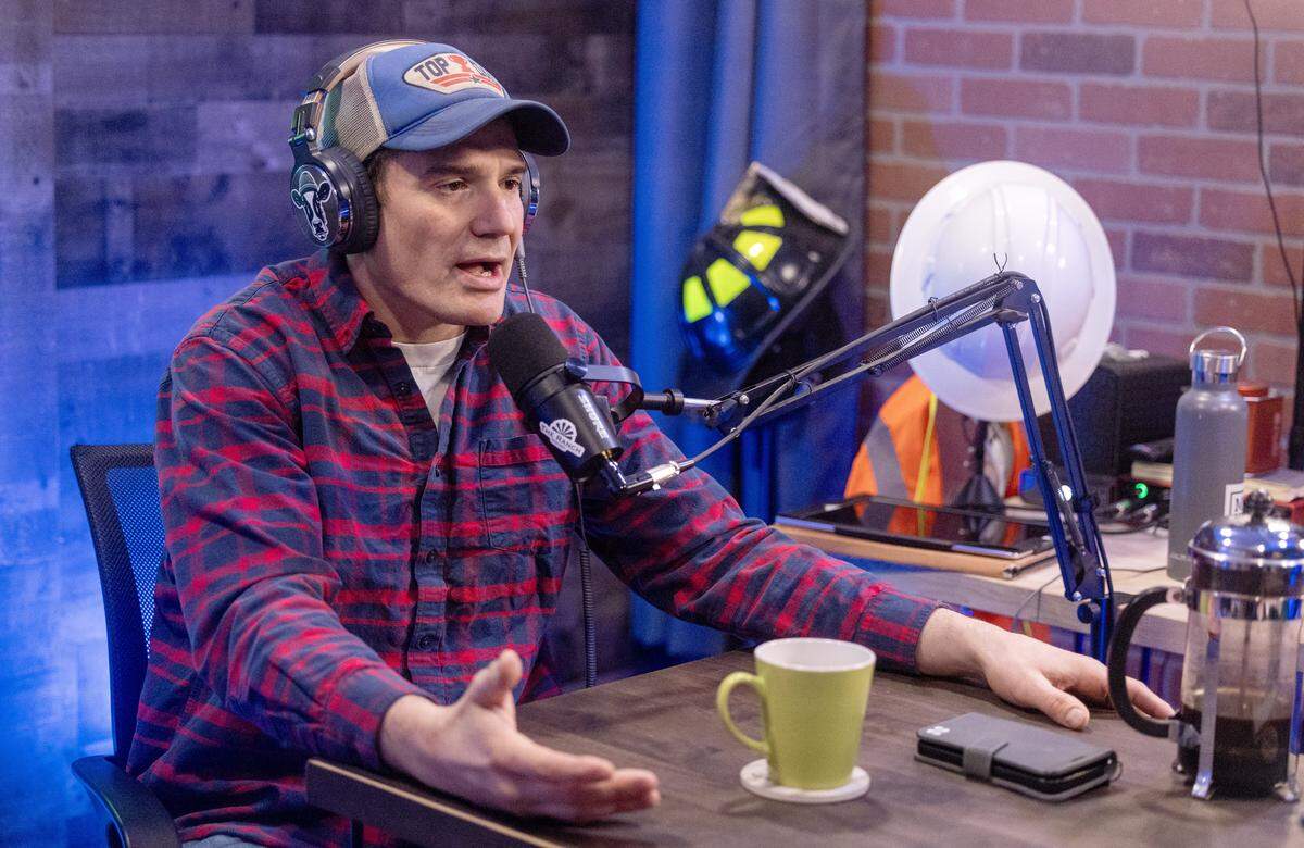 Matt Todd, host of The Ranch podcast, records an interview at his Boise-area studio, Jan. 8, 2026. The Ranch podcast has featured interviews with many Idaho politicians and public figures.
