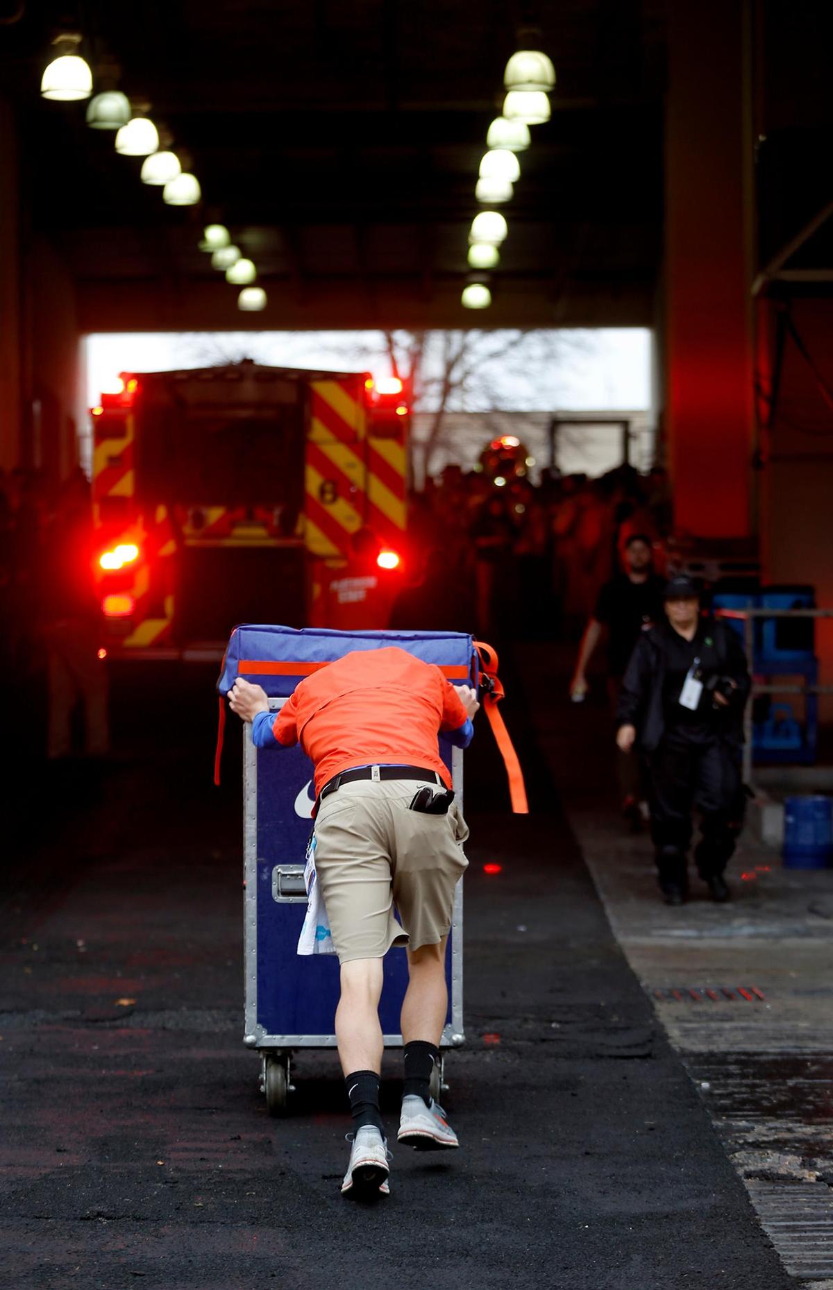 Gear is packed up after the SERVPRO First Responder Bowl was canceled due to weather on Wednesday in Dallas.