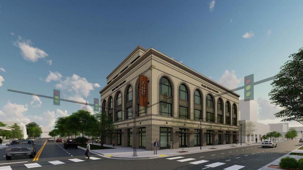 This south-facing rendering shows what the future Idaho Wheat Commission building could look like with 9th Street at right and State Street at left.