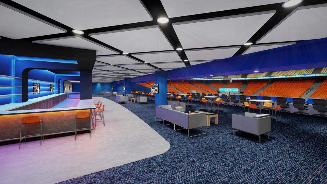 A rendering of upgraded club spaces in Boise State ExtraMile Arena. Upgrades to the arena and Arguinchona Basketball Complex will cost $19.4 million.