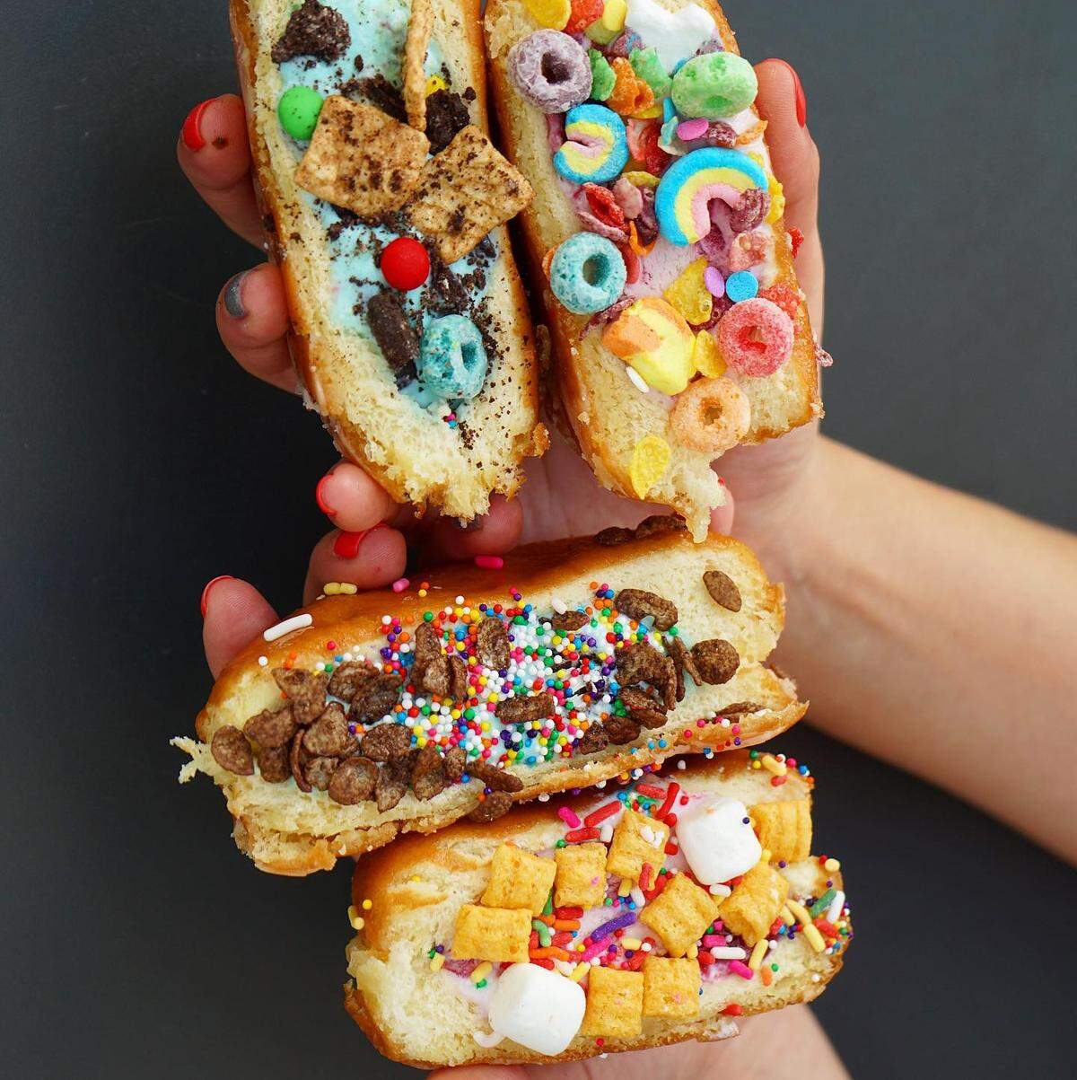 Smash Donuts are cut in half, packed with ice cream, hot pressed and covered in goodies.