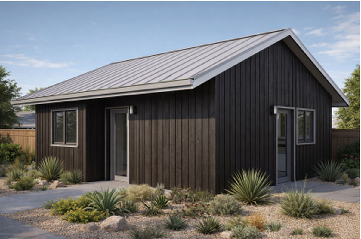 The 491-square-foot Kingfisher is “designed for visitability,” with an open kitchen/living room floor plan. 