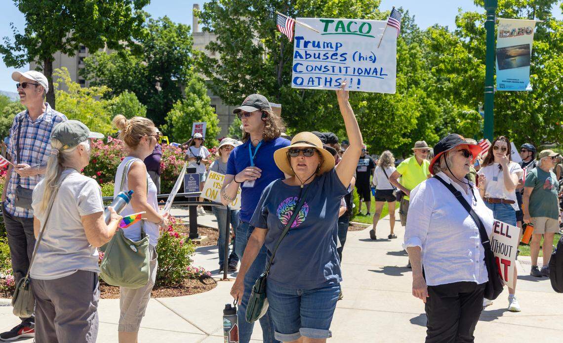 Thousands of protesters gathered outside of the Idaho Capitol Building in Boise Saturday, June 14, 2025 as part of the national “No Kings” protests against President Donald Trump and his administration.