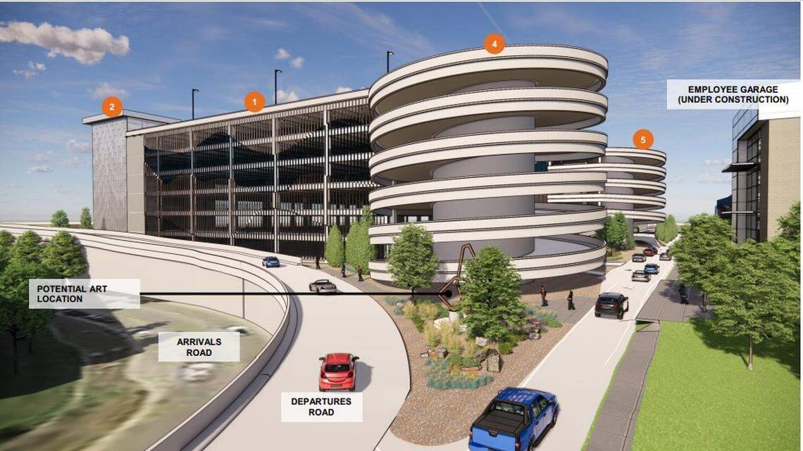 This architect’s rendering shows the planned car-rental center’s entry and exit ramps (marked Nos. 4 and 5), a “ready/return” building (1), a customer service building (2), and a one-way road leading to the ramps and to an employee parking garage already under construction (right).