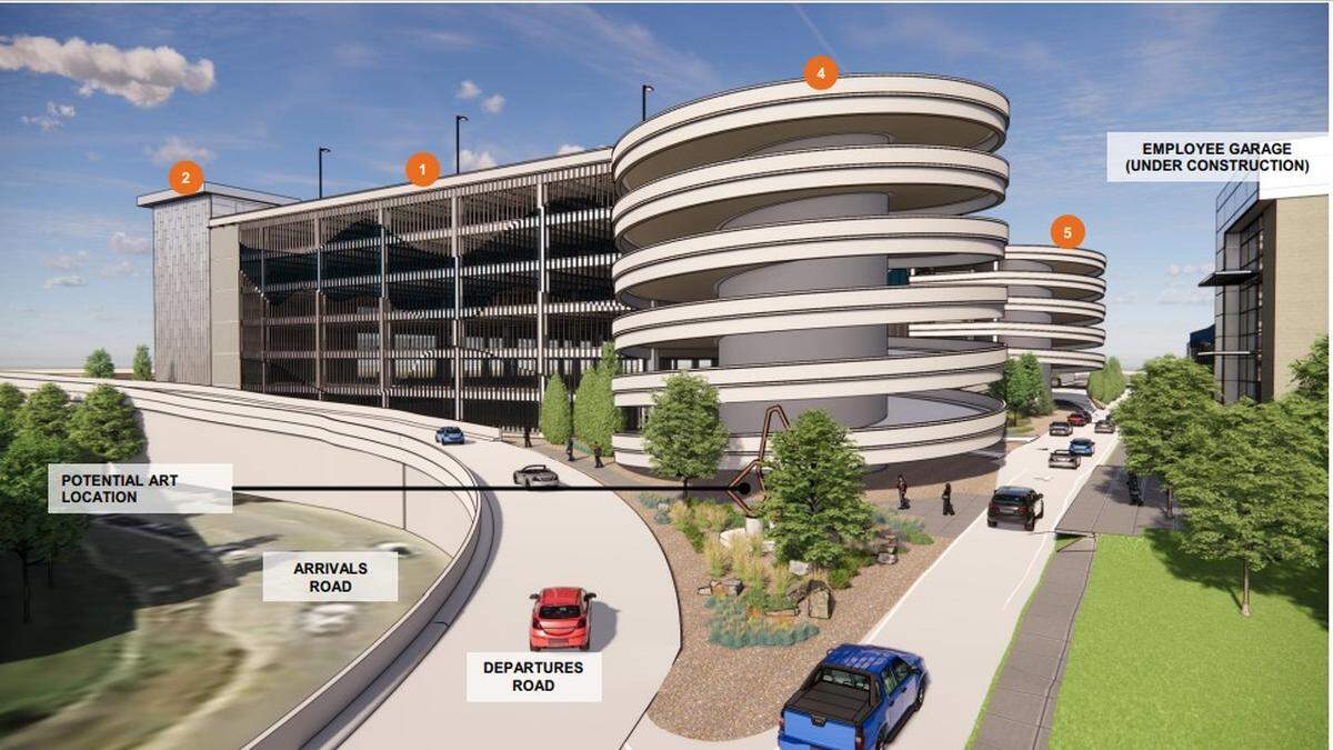 The Boise Airport plans to build new, larger car-rental customer-service, vehicle storage and cleaning areas near the terminal. This architect’s rendering shows entry and exit ramps (marked Nos. 4 and 5), a “ready/return” building (1), a customer service building (2), and a one-way road leading to the ramps and to an employee parking garage already under construction (right).