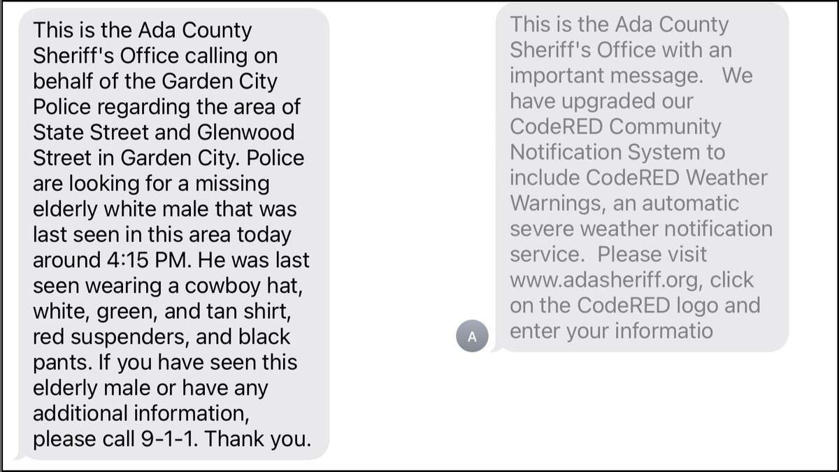 Examples of Ada County CodeRed text messages sent to an iPhone.