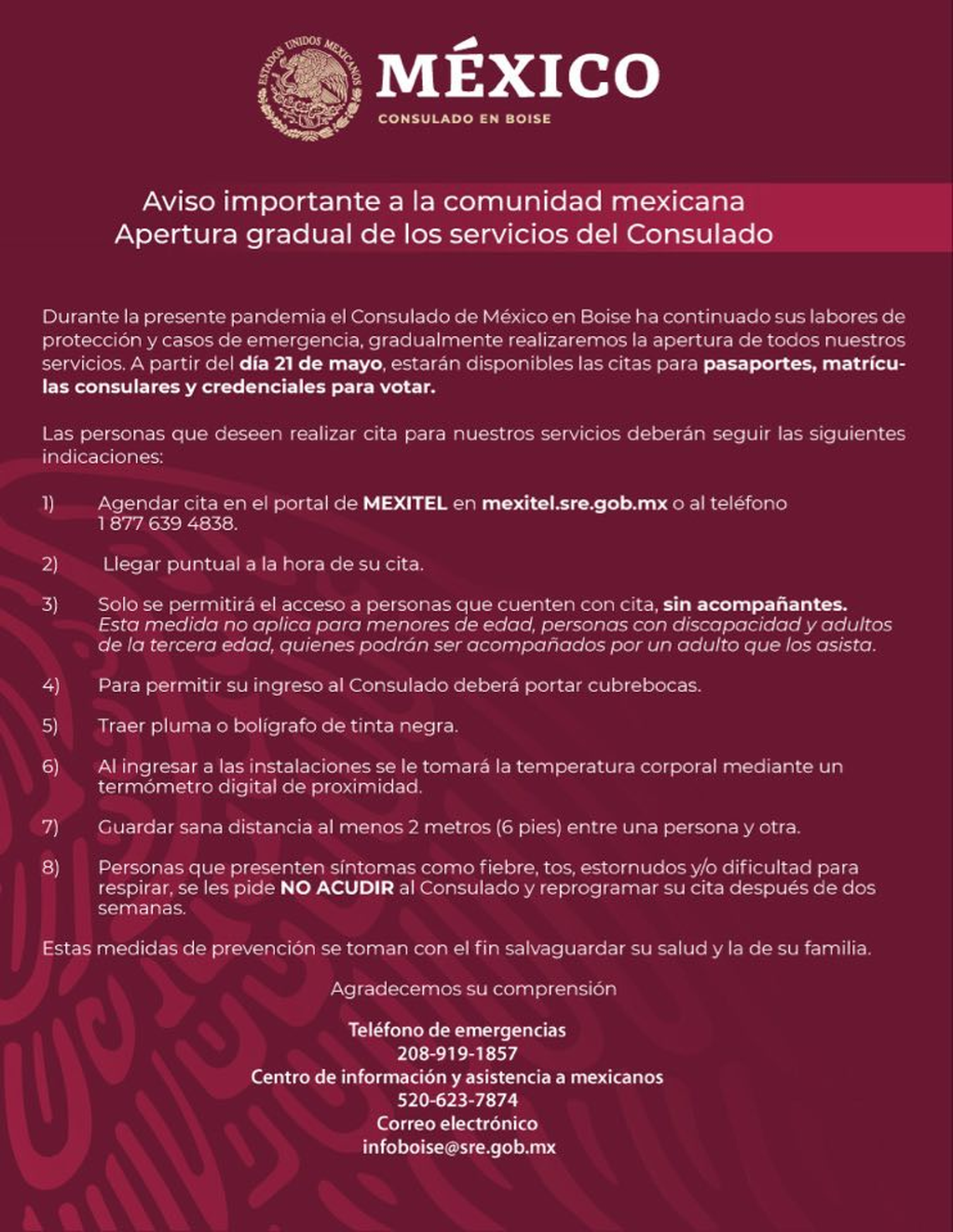 El consulado de méxico estará disponible para citas de pasaportes, matrículas consulares y credenciales para votar.