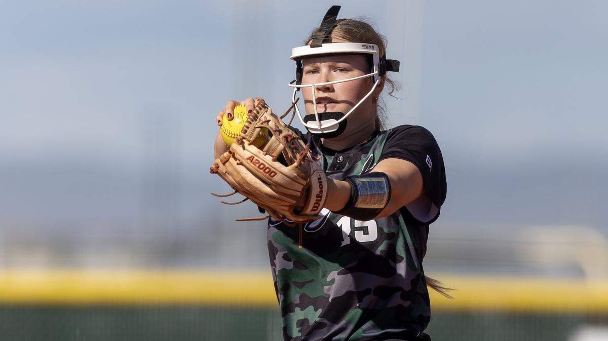 Eagle senior pitches in the first inning of their 6A District Three softball tournament semifinals game against Rocky Mountain, held at Owyhee, Tuesday, May 5, 2026.