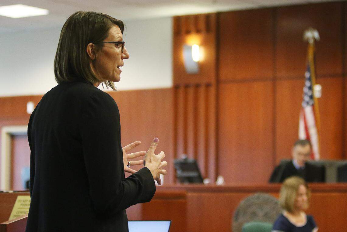 Deputy prosecuting attorney, Katelyn Farley, delivers the prosecution’s opening statements during the rape trial of former Idaho State Rep. Aaron von Ehlinger at the Ada County Courthouse, Tuesday, April 26, 2022.