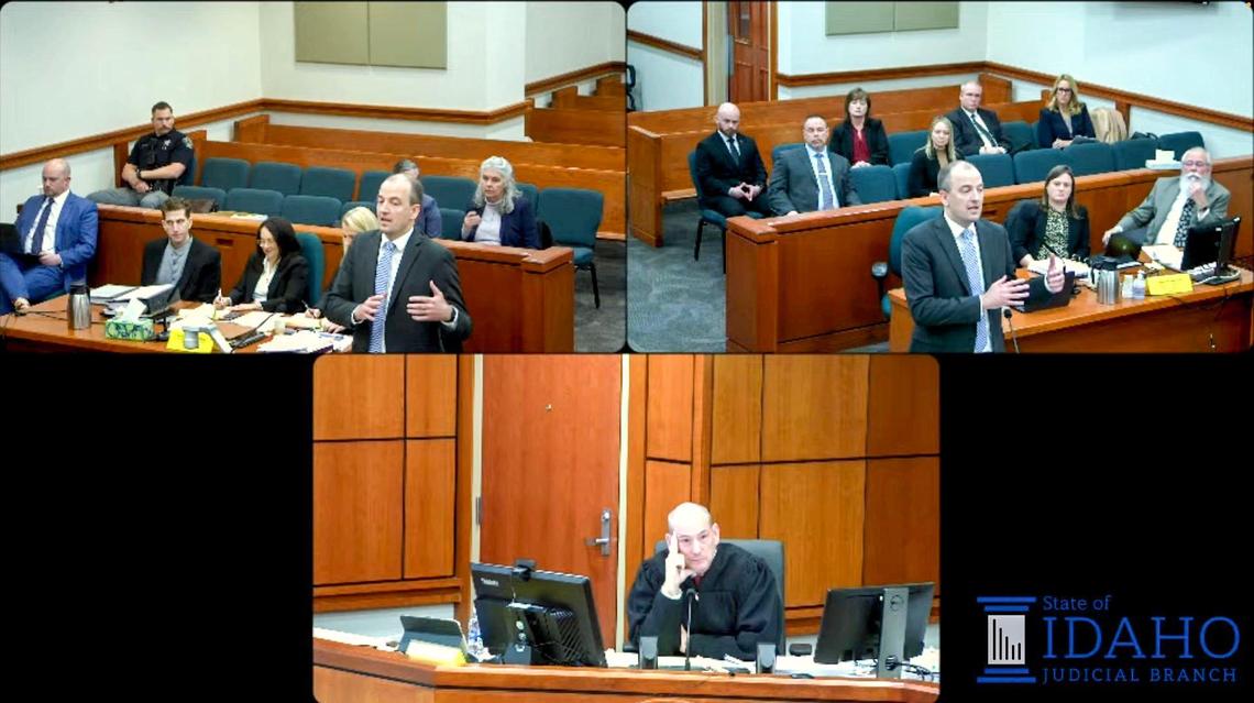 Ada County District Judge Steven Hippler, bottom, listened as Idaho Deputy Attorney General Jeff Nye argued against suppressing a variety of evidence, which the defense for college student murder suspect Bryan Kohberger sought, at a court hearing on Jan. 23, 2025 in Boise.