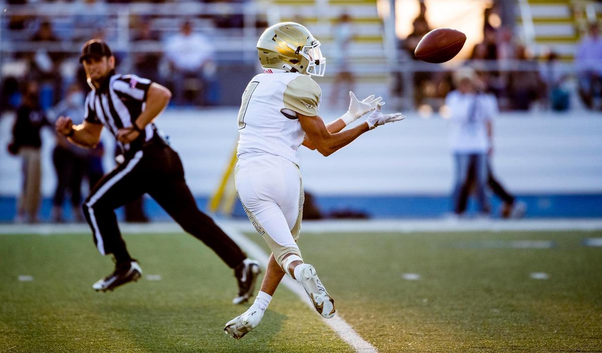 Vallivue wide receiver Andre Gonzalez hauls in a touchdown pass against Middleton on Sept. 17. The Falcons face Skyline at Holt Arena in the 4A state quarterfinals.