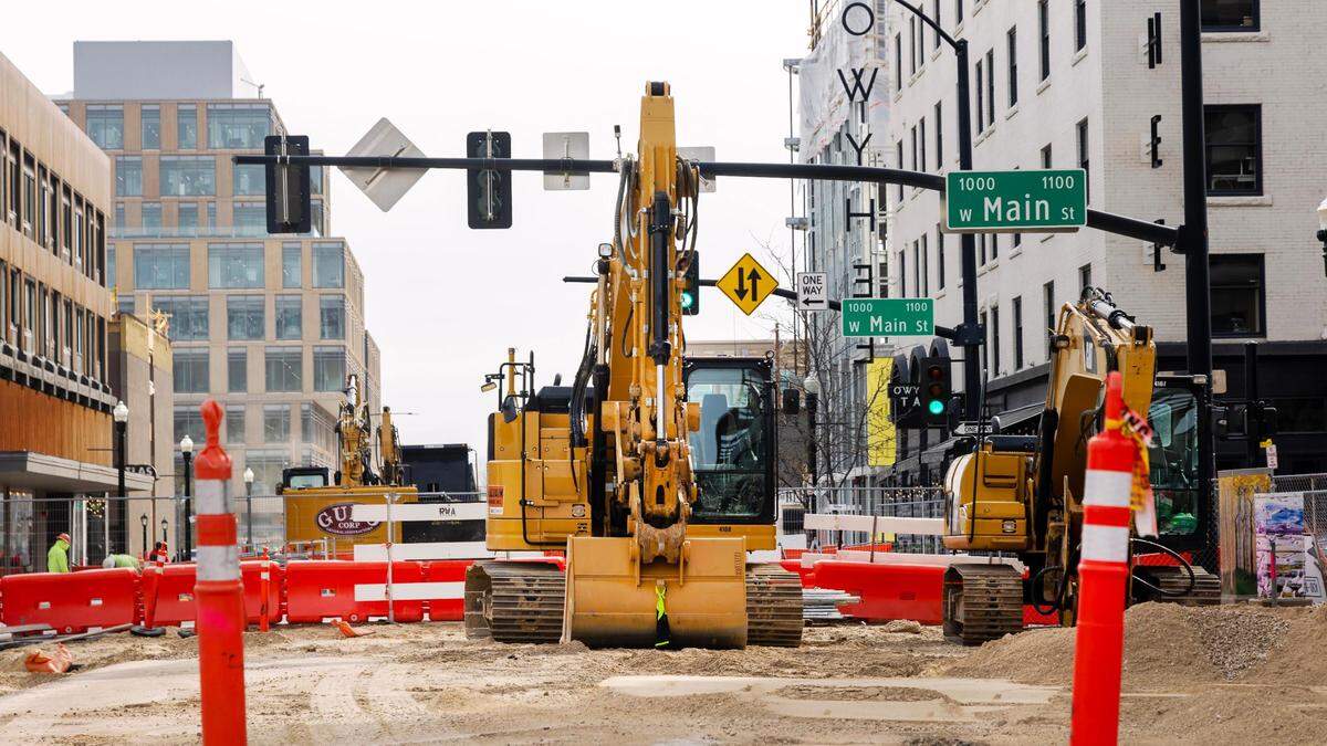 Construction equipment parked on 11th Street north of Main Street in downtown Boise.
