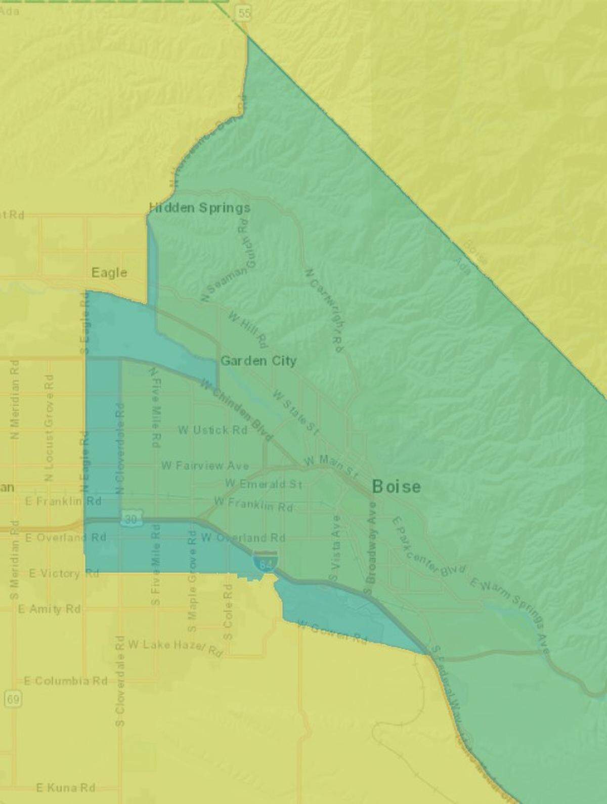 This close-up view of a section of the dividing line between the 1st and 2nd congressional districts in Idaho shows how the Idaho redistricting commission moved the line a little bit to the west to balance out the population numbers in each district. The green section lies in the current 2nd Congressional District. The blue section shows the parts that were moved from the 1st district to the 2nd district in the approved map.