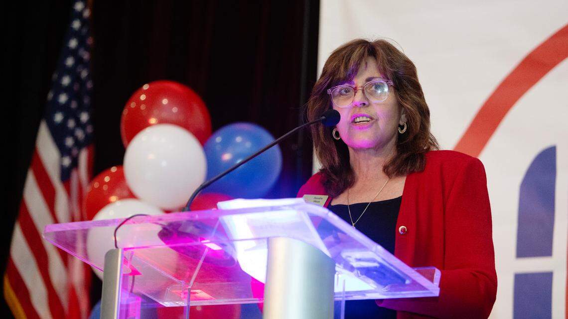Dorothy Moon, chairwoman of the Idaho Republican Party, leads a watch party for Idaho Republican candidates at the Grove Hotel in Boise on Nov. 8, 2022. Moon presented the party’s resolutions on the first day of the 2024 legislative session.