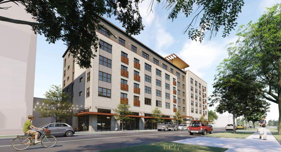 A group of Boise developers, including Clay Carley and Bill Truax, want to build a six-story apartment building with ground-floor businesses at 5th and Grove streets. The building would include 114 units, with 50 “workforce units,” meaning they would be affordable to those making 100% of Ada County’s median income. Next door, the same team is working to build affordable housing units.
