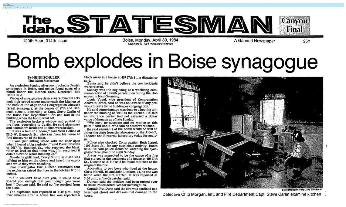 The front page of the Idaho Statesman on April 30, 1984, describes the scene after a bomb exploded at Congregation Ahavath Beth Israel Synagogue in Boise. The incident is referenced in “The Order,” a movie detailing the history of a white supremacist terrorist group by the same name with extensive ties to Idaho.